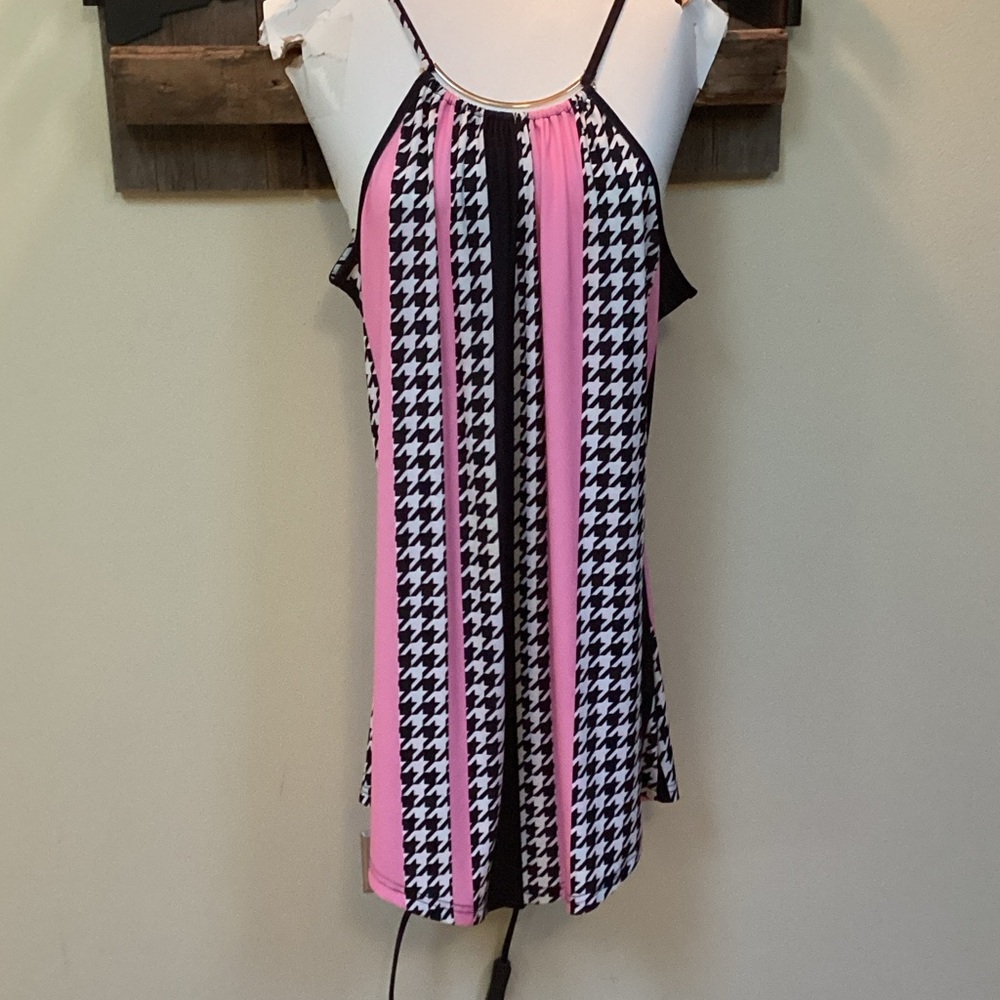 Pink and Black Houndstooth mini Dress long blouse spaghetti strap